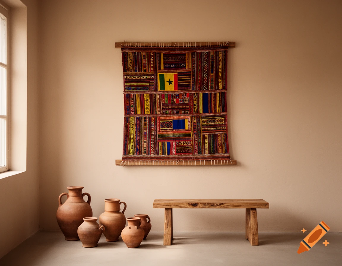 Photorealistic interior view with terracotta pots, a wooden bench, and a woven Senegalese wall hanging.