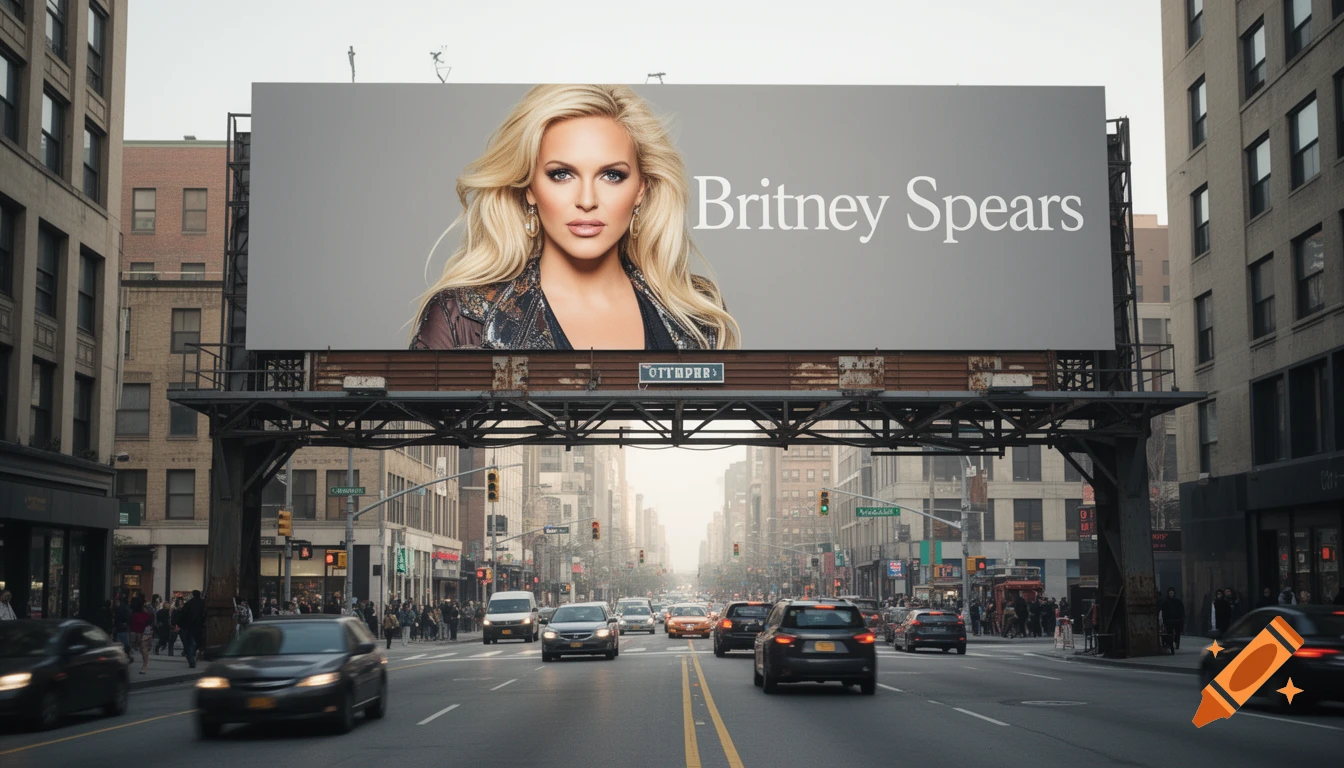 Photorealistic image of a large billboard featuring a portrait of Britney Spears with text, overlooking a busy city street with cars.