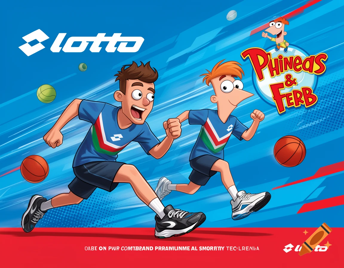 Cartoon illustration of characters Phineas and Ferb running alongside a Lotto brand logo and text.