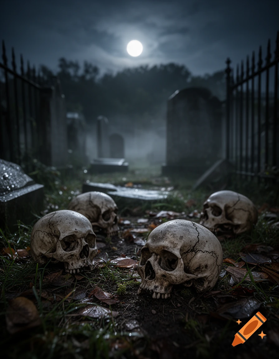 Photorealistic nighttime scene of a foggy graveyard with human skulls on the ground under a full moon.