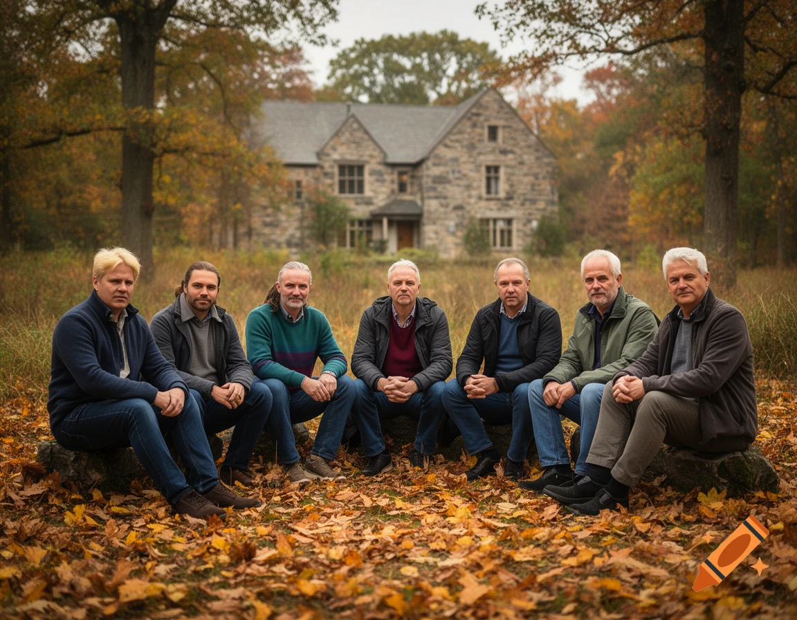 Photorealistic image of seven men sitting in a semicircle on autumn leaves with a stone house in the background.