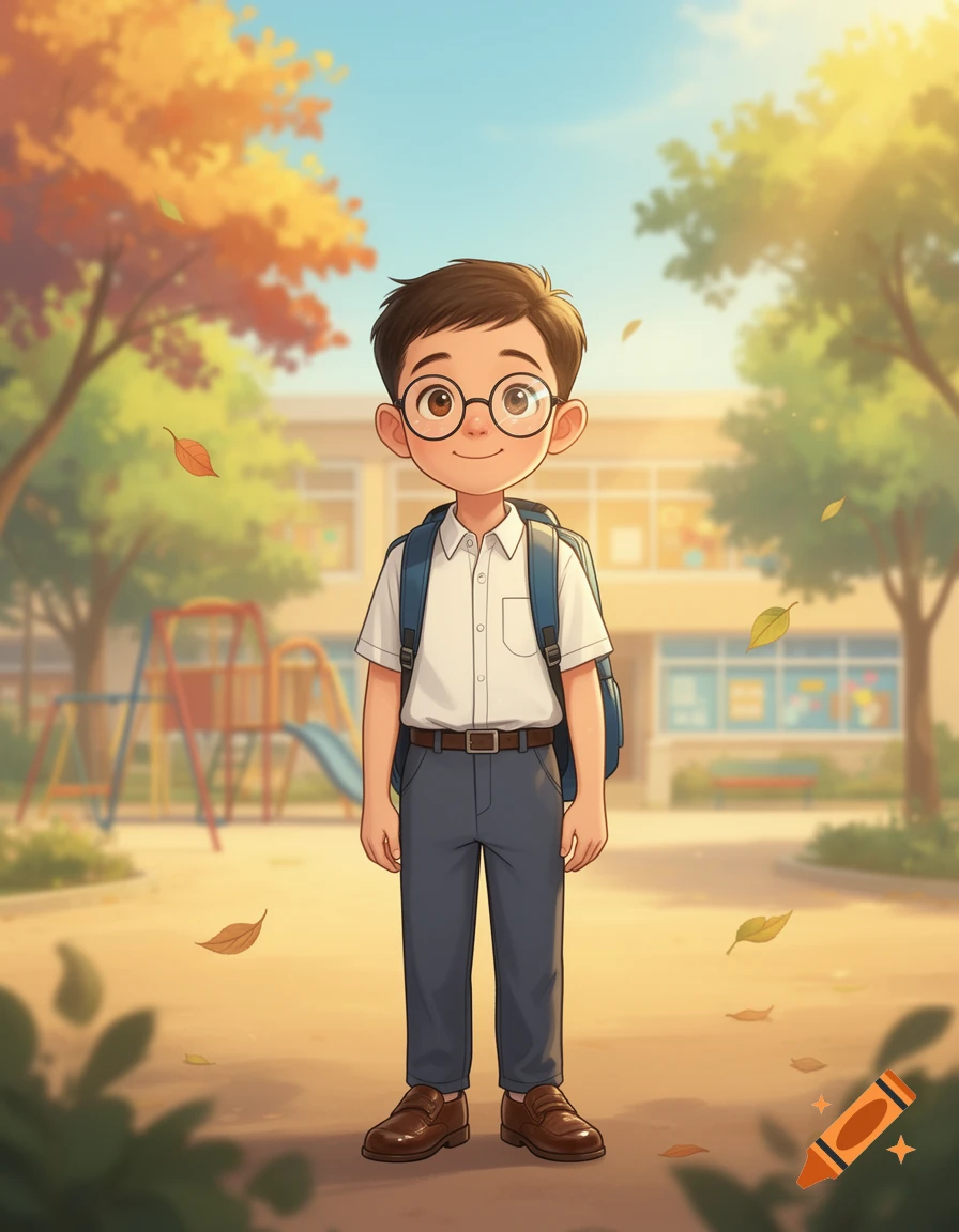 Digital illustration of an elementary school boy with short brown hair and glasses, wearing a white shirt and backpack, standing in a schoolyard.
