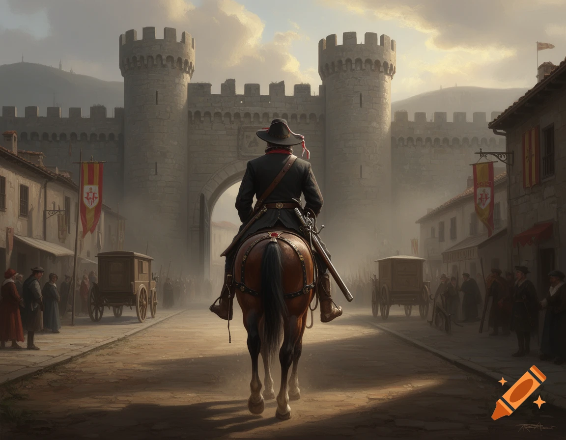 A Spanish soldier on horseback riding through a stone city gate in a historical setting, digital painting.