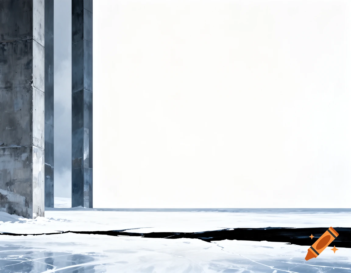 Minimalist architectural painting with tall concrete pillars against a stark white background and an icy ground with a dark crack.