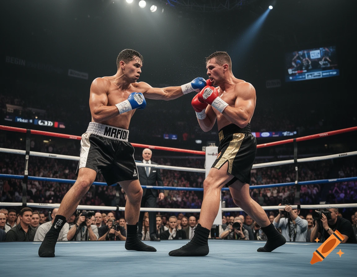 Photorealistic image of two male boxers in a ring exchanging punches during a match, surrounded by spectators.