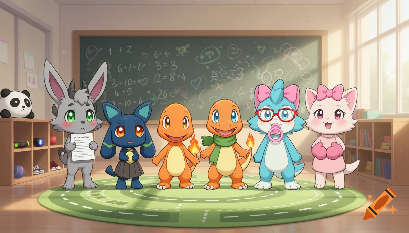 An anime-style group portrait of six cute cartoon creature characters standing in a classroom with a chalkboard.