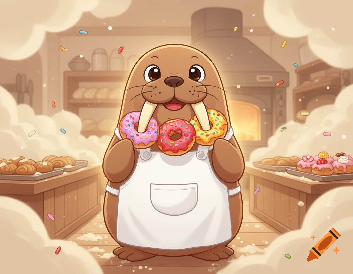 Digital cartoon of a smiling walrus in a white baker's apron holding donuts on its tusks inside a bakery.