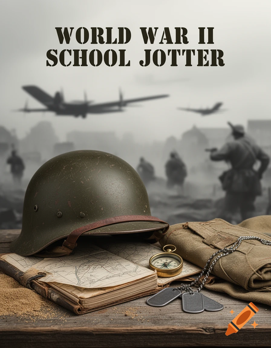 WWII themed notebook cover with a military helmet, map, compass, and dog tags on a wooden table, with airplanes flying in the background.
