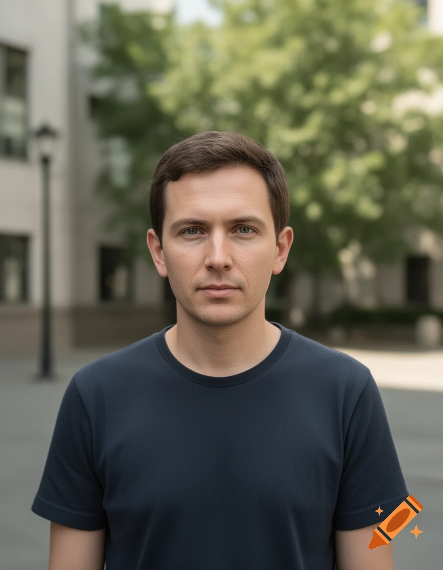 Photorealistic portrait of a young man with short brown hair wearing a dark blue t-shirt, outdoors in an urban setting.