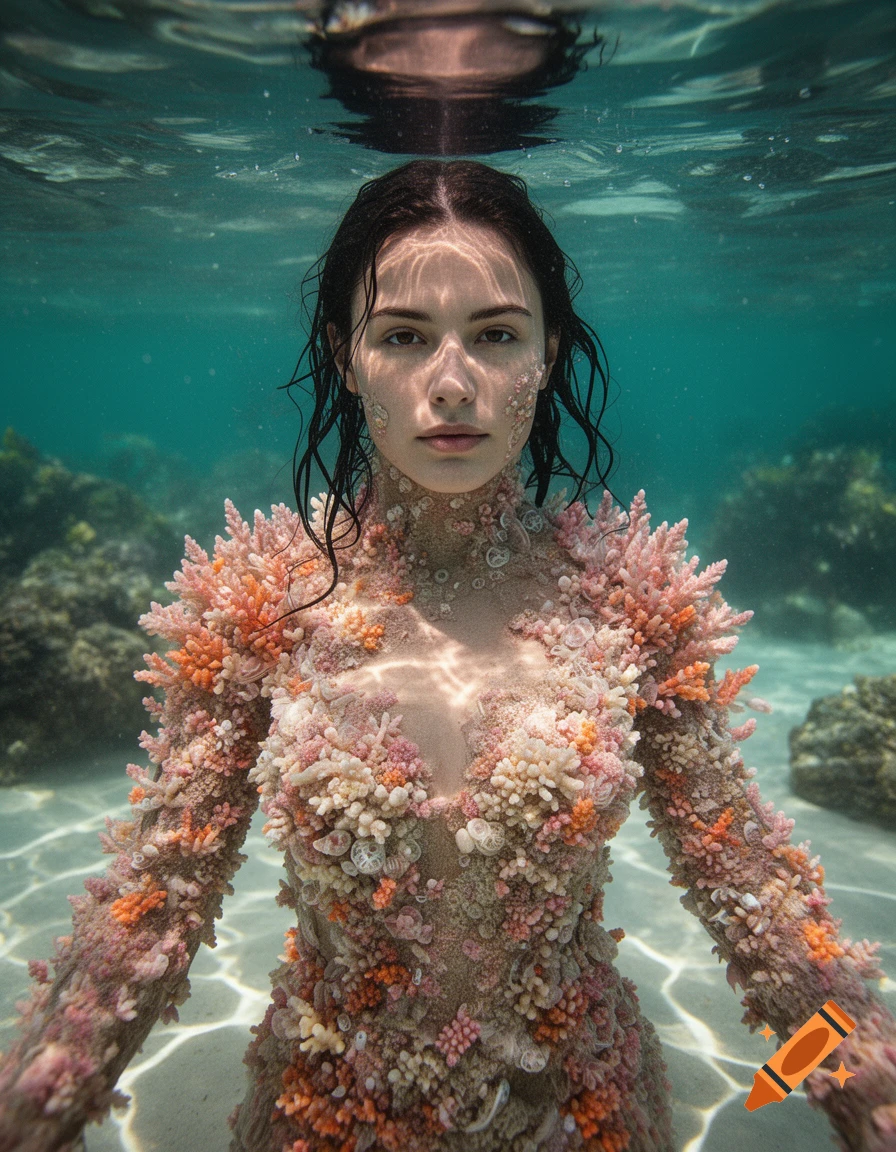 Photorealistic underwater portrait of a woman whose body is transforming into pink and orange coral.