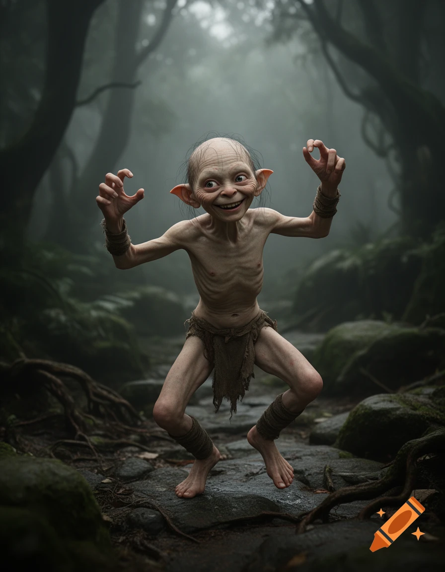 Photorealistic image of a young balding creature dancing in a misty forest.