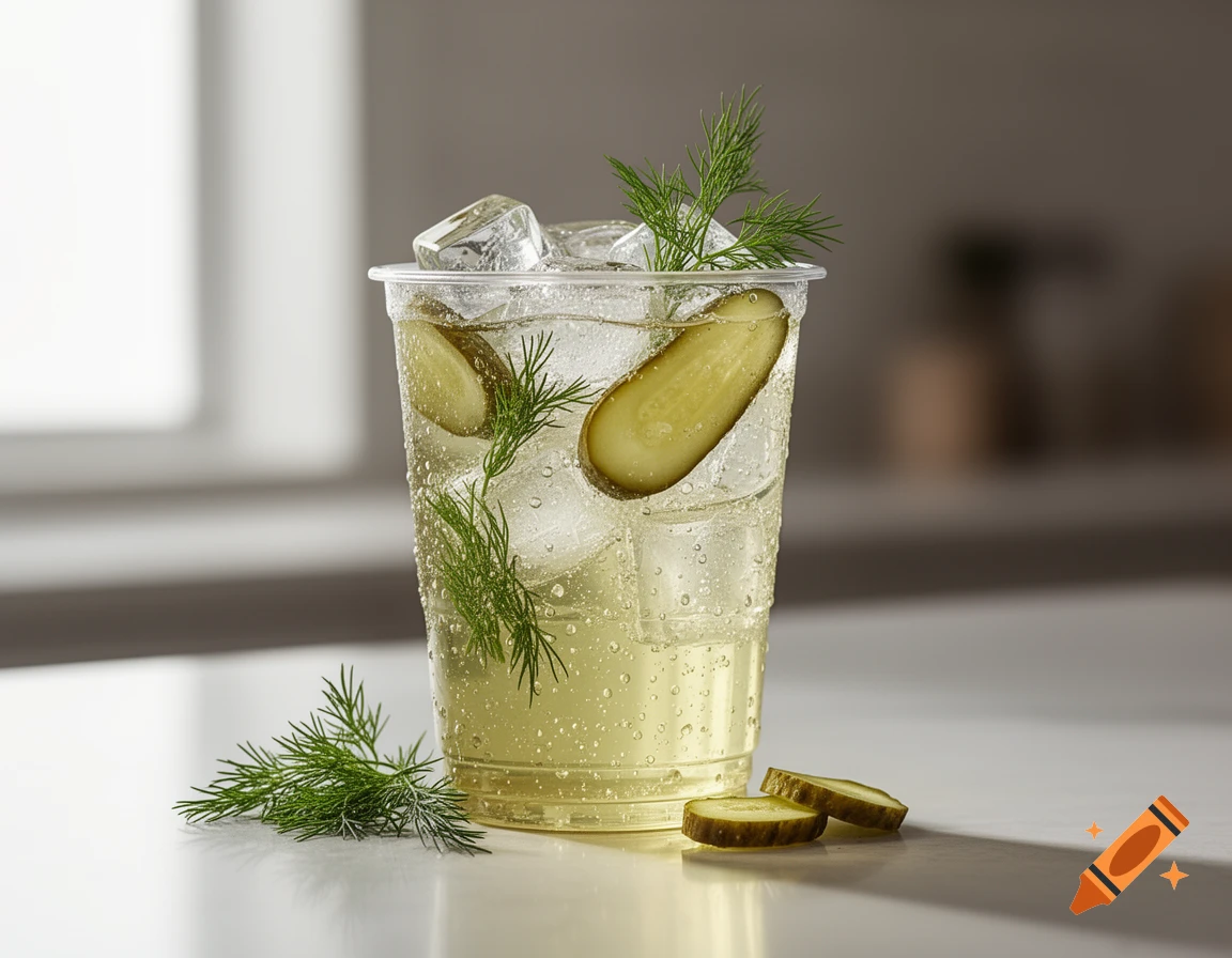 Photorealistic image of a dill pickle-flavored iced energy drink in a plastic cup, garnished with dill sprigs and pickle slices.