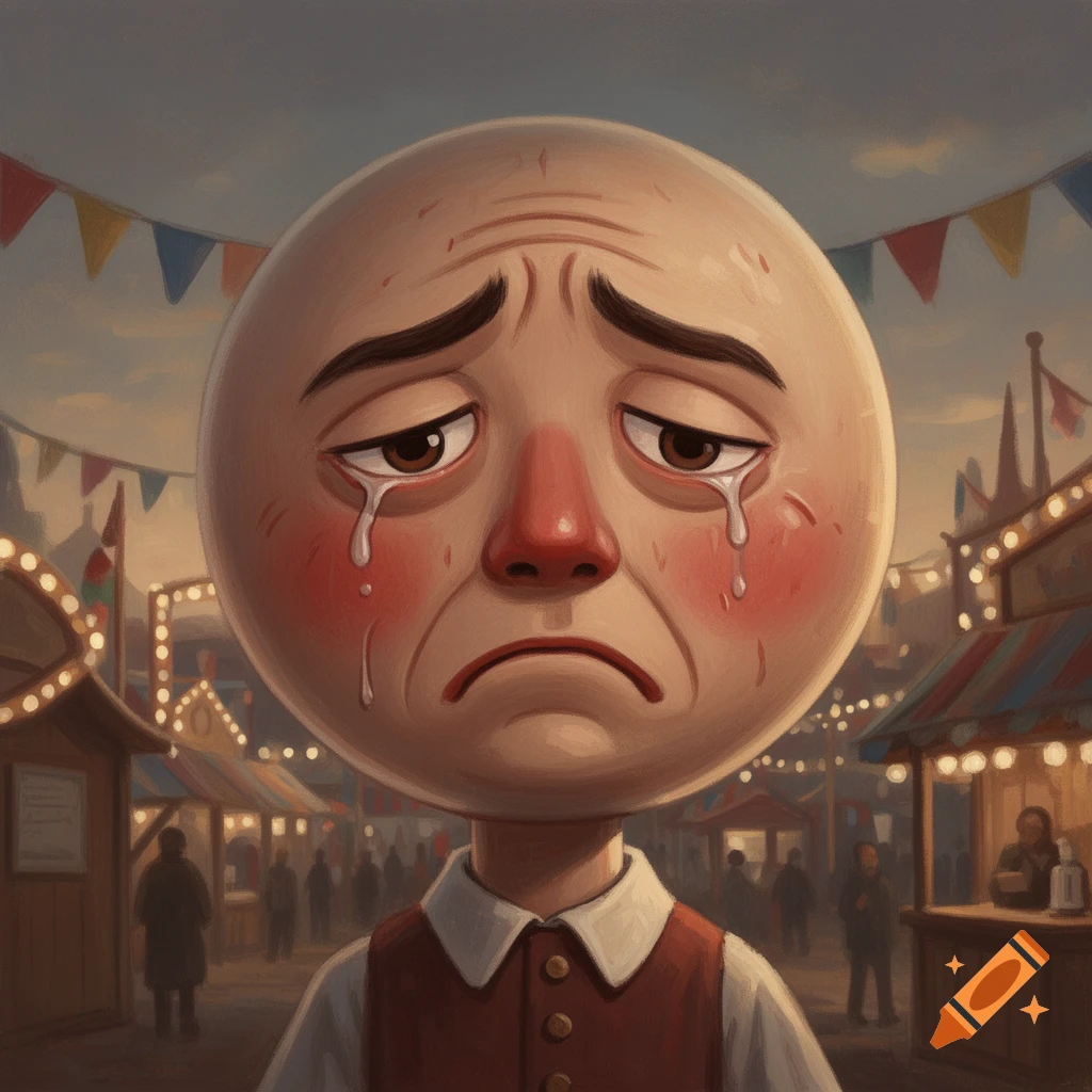 Digital painting of a sad, crying character with a round head and red nose, standing at a fairground with carnival booths.
