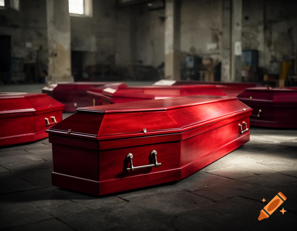 Several glossy red coffins arranged in a dimly lit industrial warehouse with concrete pillars.
