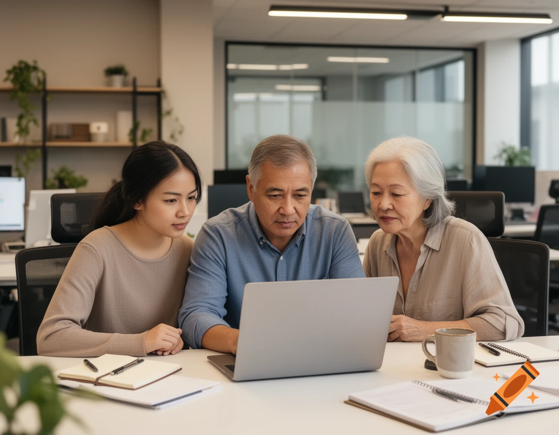 Photorealistic image of a young woman and two older adults looking at a laptop screen together in an office.