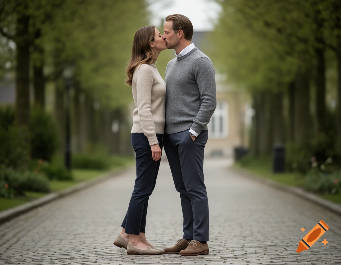 Photorealistic image of a man and woman kissing on a paved path lined with trees.