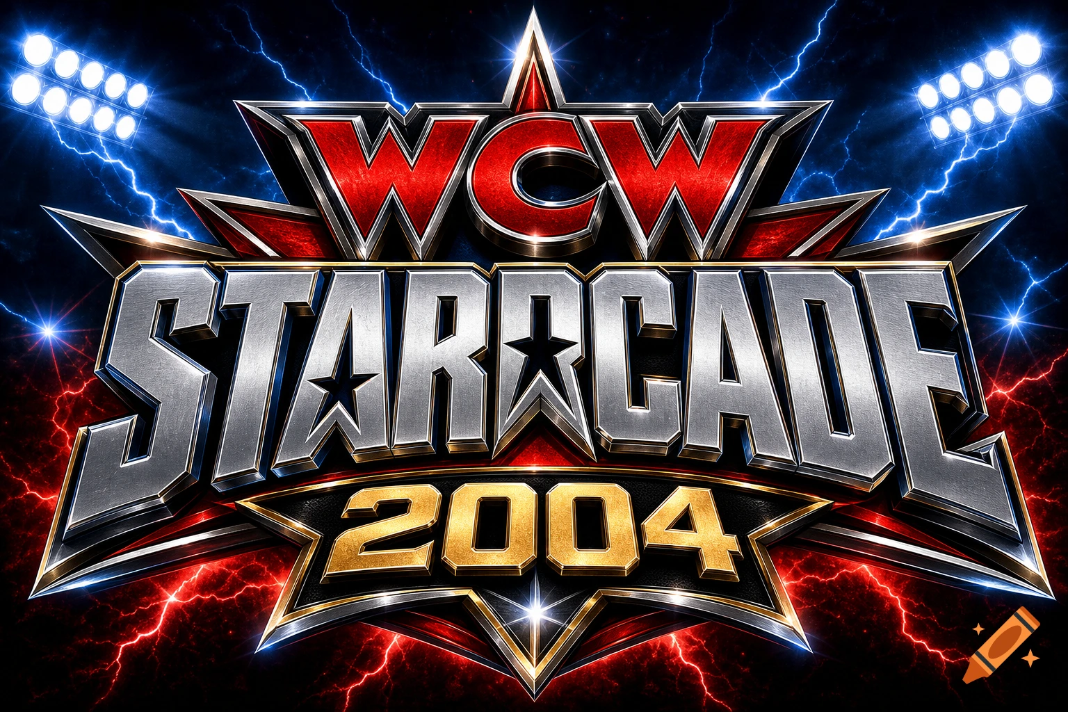 Logo for WCW Starrcade 2004 featuring metallic red and silver lettering with lightning effects.