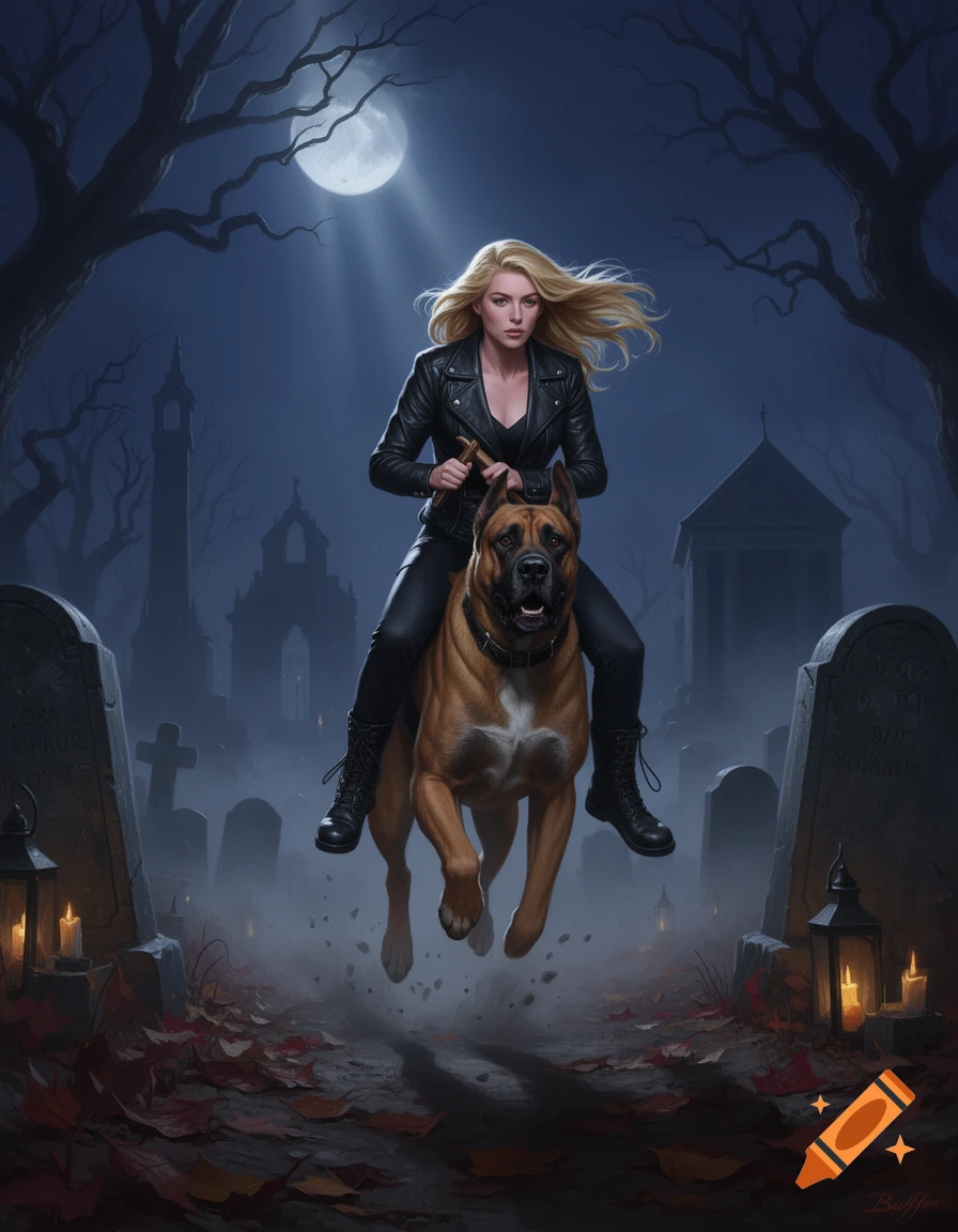 Buffy the vampire slayer riding a giant Great Dane through a spooky graveyard at night.