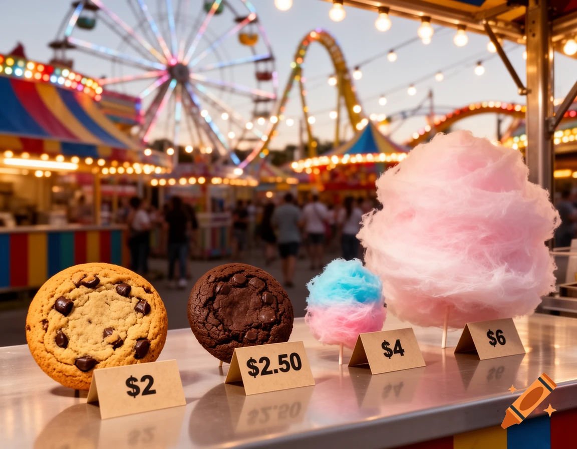 Photorealistic image of carnival food display with a chocolate chip cookie, chocolate cookie, and two cotton candies with price tags.