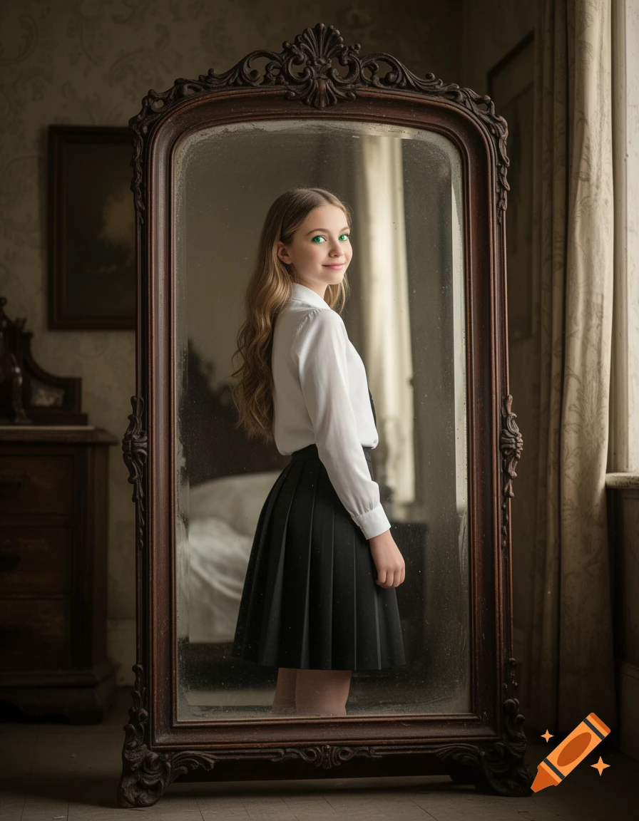 Photorealistic portrait of a young girl with green eyes and brown hair, standing in front of an antique mirror in a room.