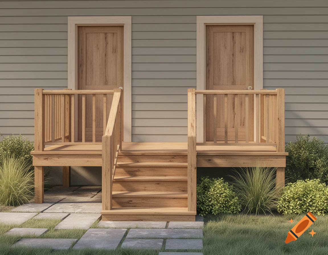 photorealistic wooden deck with steps connecting two doors on a gray-sided house, surrounded by plants and stone pavers
