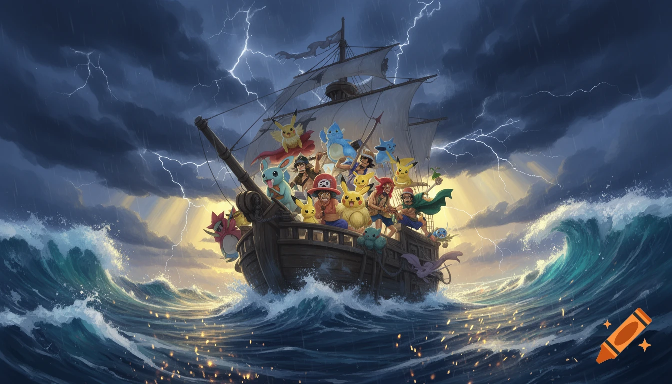 An anime-style digital painting of a wooden pirate ship navigating a stormy sea with lightning, carrying various Pokémon characters.