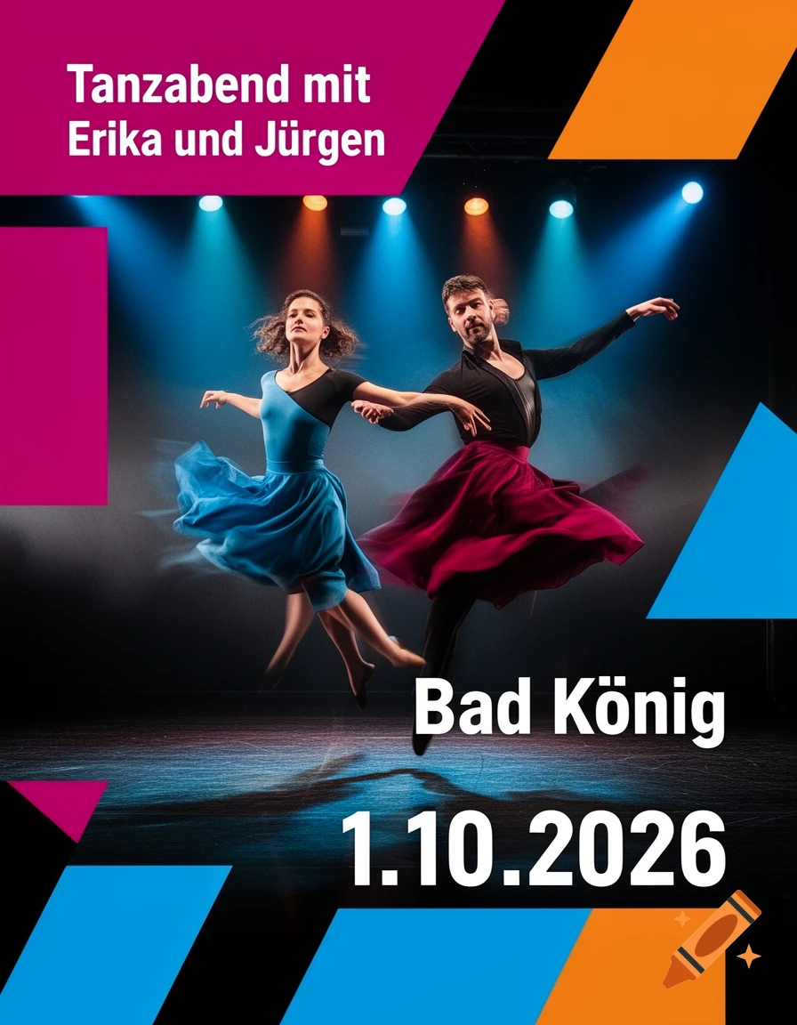Promotional poster for a dance evening featuring a man and woman dancing dynamically under stage lights.