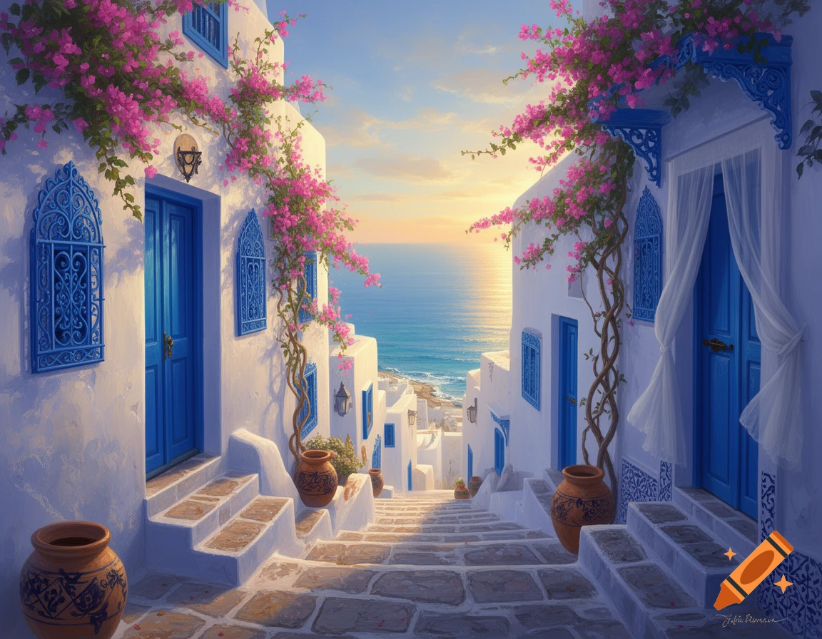 Painting of Sidi Bou Said with white buildings, blue doors, and pink bougainvillea overlooking the sea.