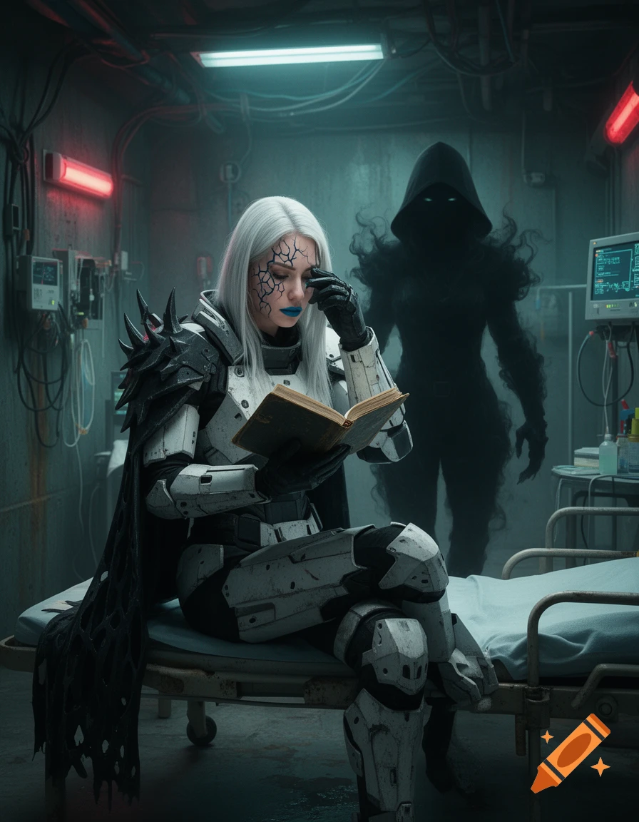 A white-haired warrior in heavy armor reading a diary in a bunker, watched by a shadowy figure. Photorealistic.