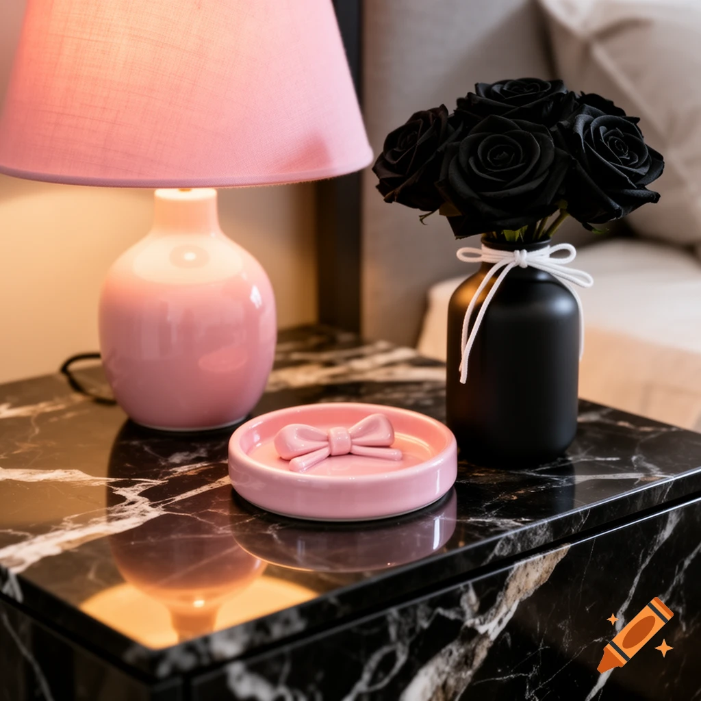 Photorealistic close-up of a modern bedroom nightstand featuring a pink lamp, a jewelry tray, and a black vase with black roses.