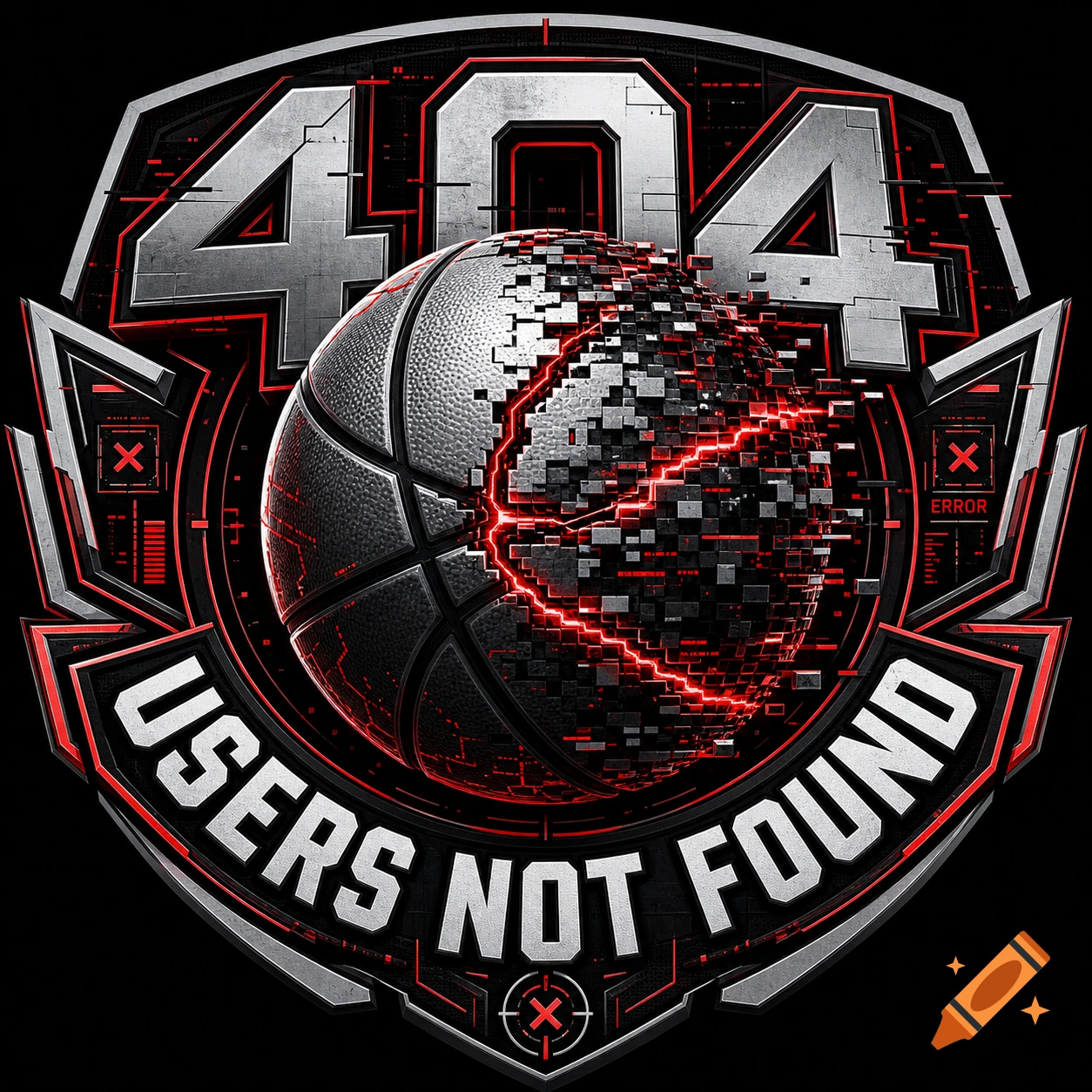 Esports basketball crew logo featuring a 404 digital glitch basketball and the text USERS NOT FOUND.