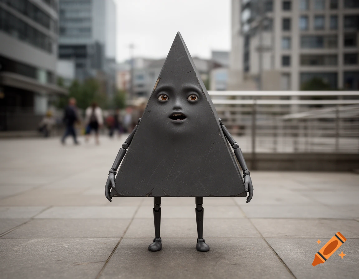 Photorealistic image of a strange grey triangular character with human eyes and mouth standing on a city pavement.