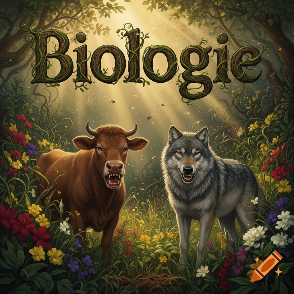 Fantasy illustration of a cow and a wolf showing teeth in a lush forest with the word 'Biologie' on top.