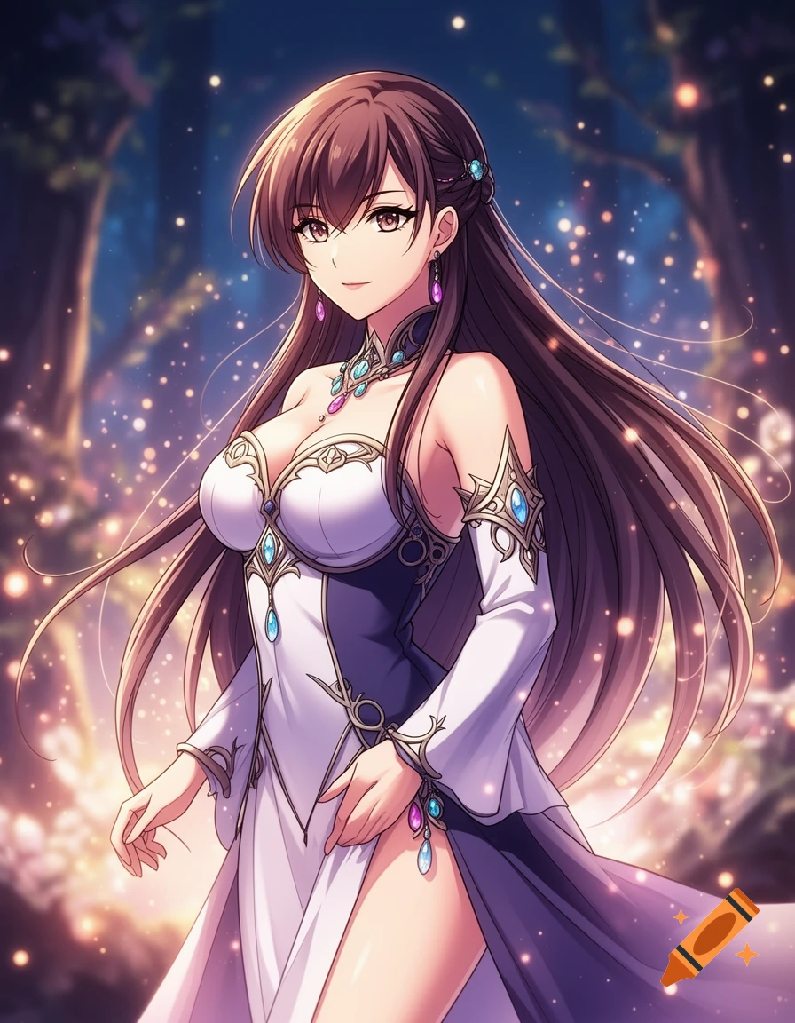 Anime style digital illustration of a smiling woman with long brown hair, wearing an ornate white and purple fantasy dress with glowing gems.