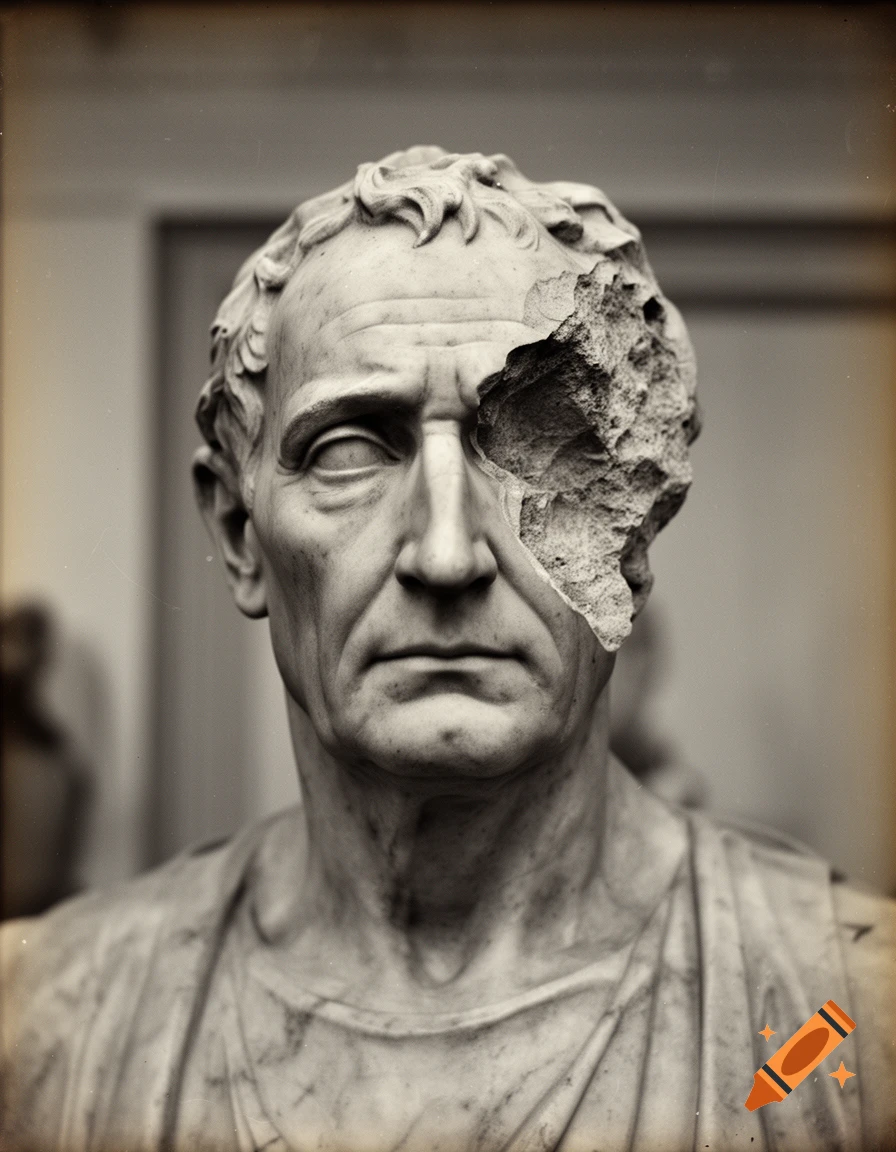 An old photograph of a stone bust of an aging man with a large missing chunk on the left side of his head.