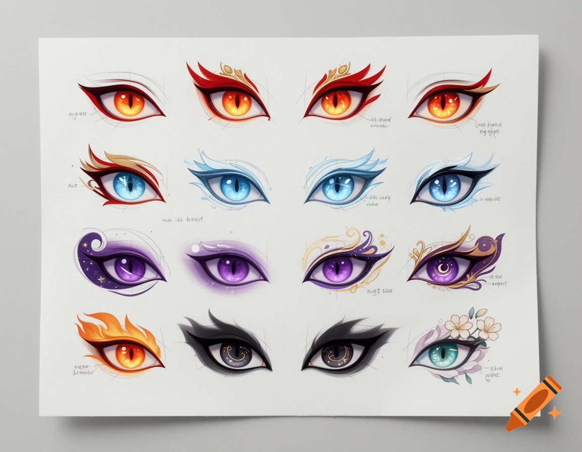 Digital illustration sheet displaying 16 detailed designs of stylized feline and kitsune eyes in various colors and styles.