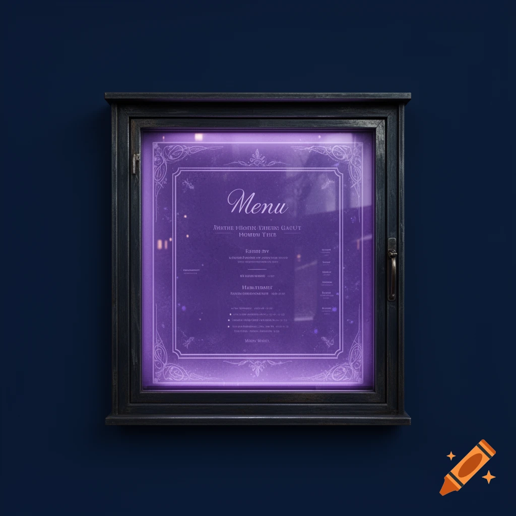 A wall-mounted black framed display case containing a glowing purple menu sign against a dark blue background.