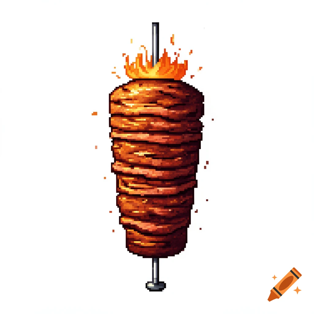 Pixel art of a sizzling doner kebab on a vertical spit against a white background