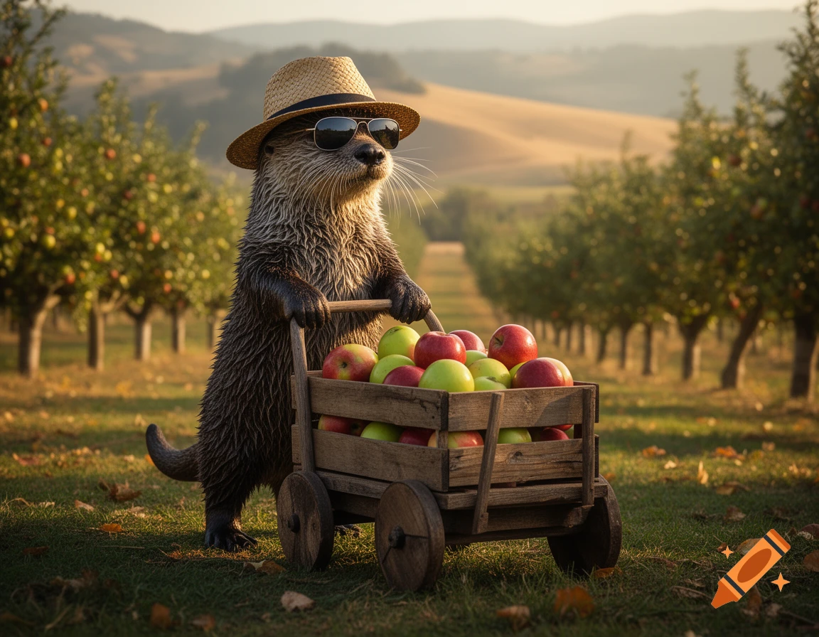 Photorealistic sea otter standing upright, wearing a straw hat and sunglasses, pushing a wooden cart full of apples in an orchard.