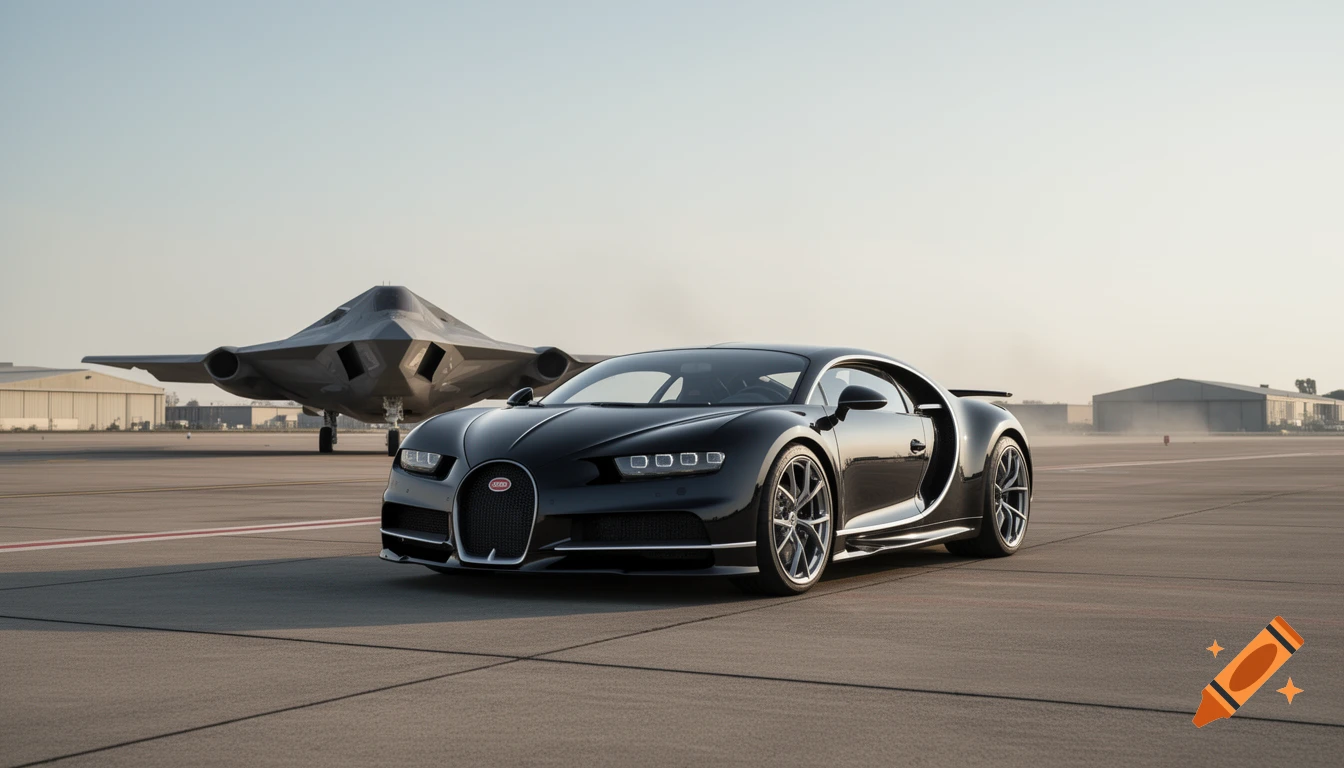 Photorealistic image of a black Bugatti Chiron parked on an airfield with a stealth fighter jet in the background.