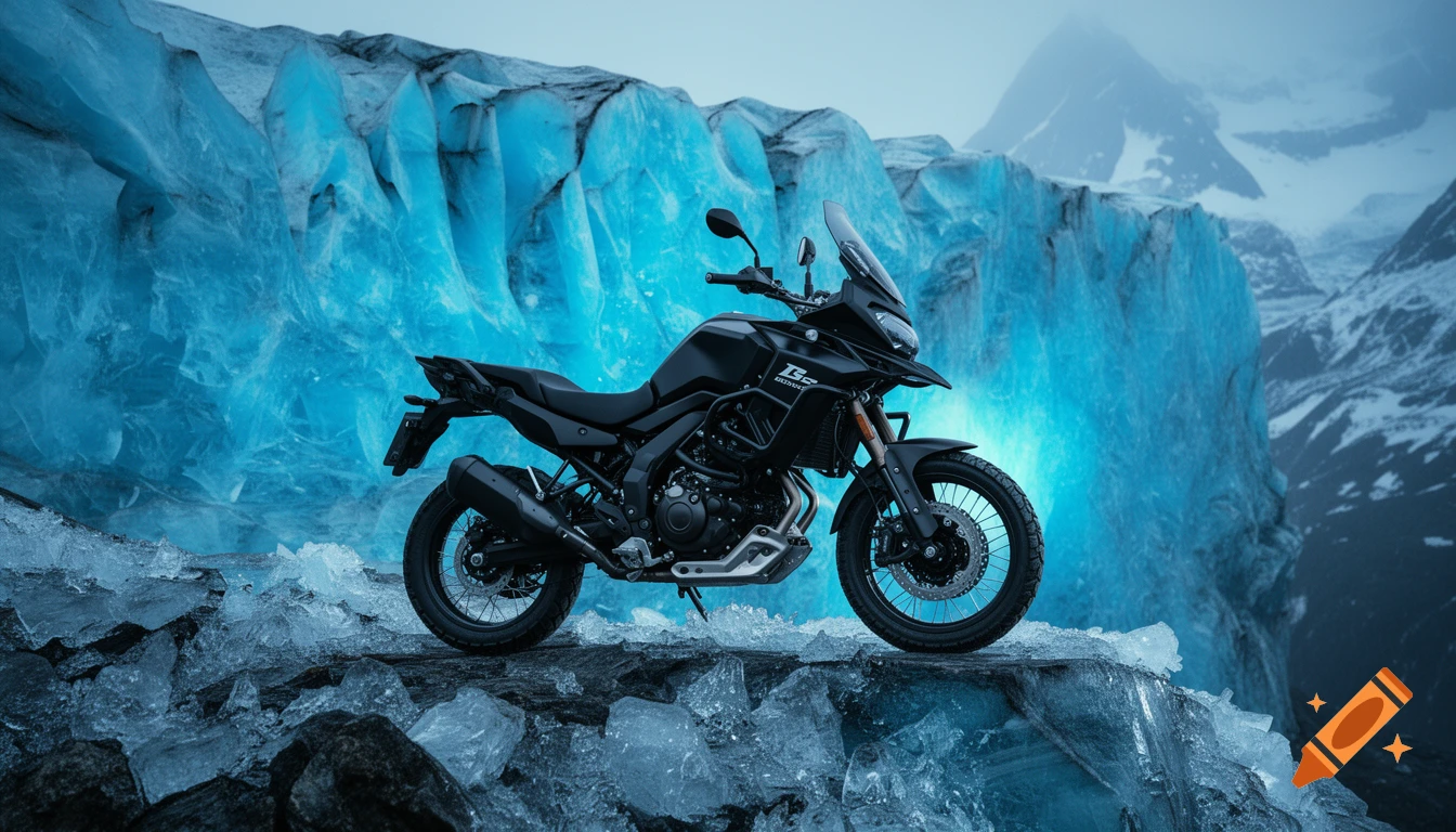 A black adventure motorcycle parked on a jagged icy ridge in front of a giant glowing blue glacier.