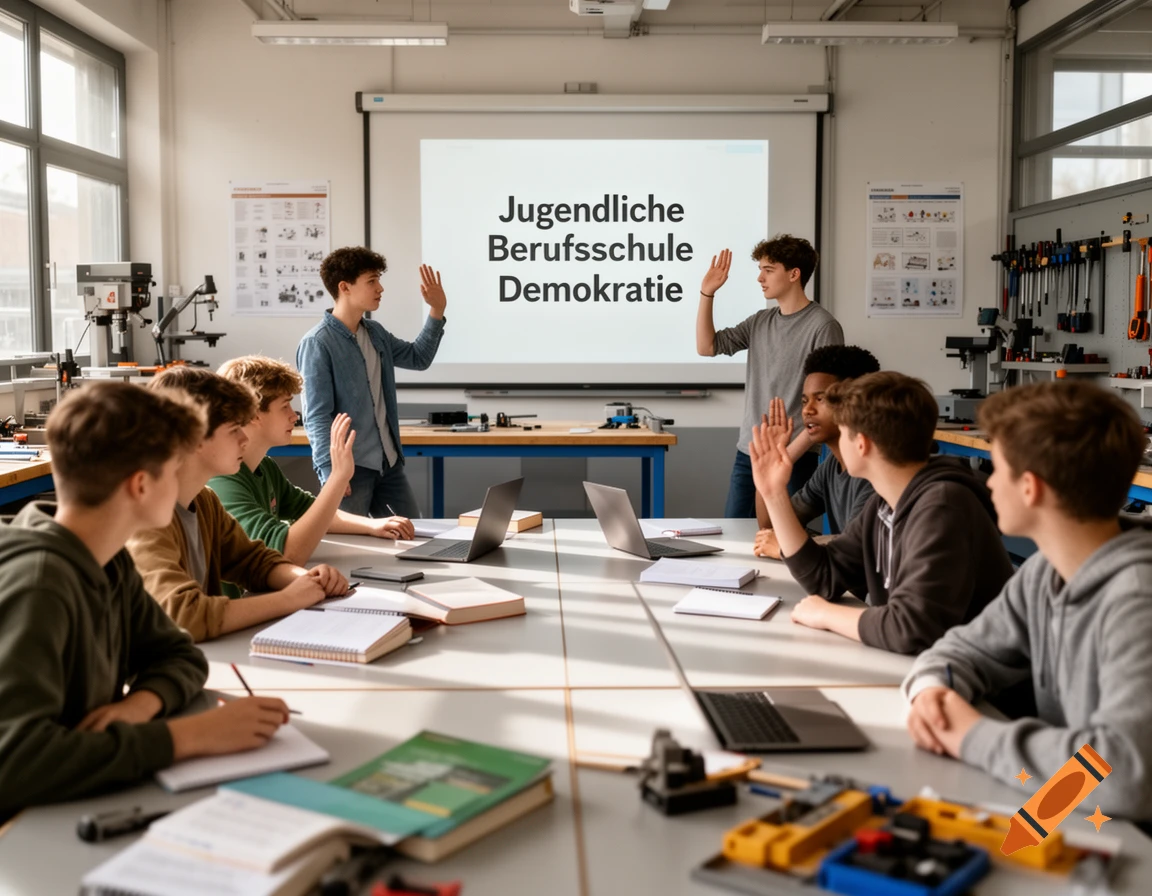 Students in a classroom participating in a discussion with a whiteboard displaying German text.