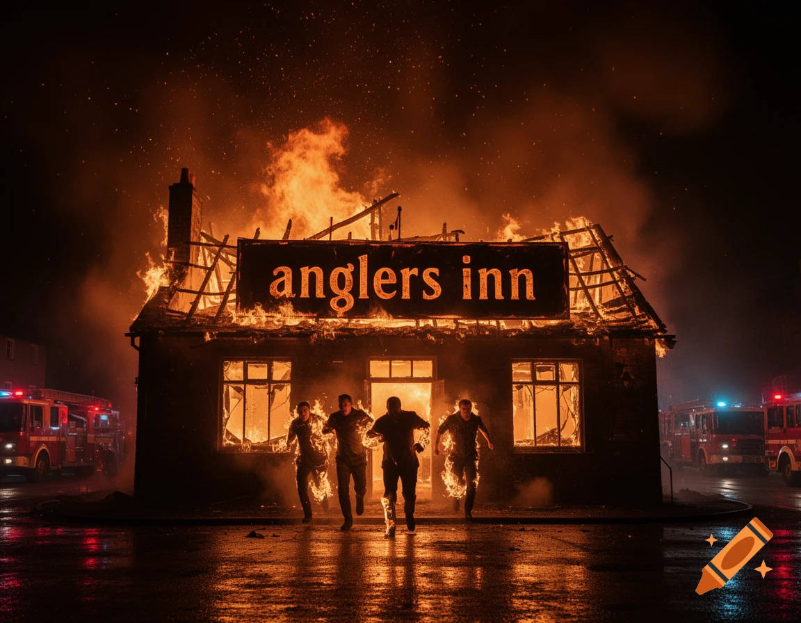 An old school pub engulfed in intense flames with a sign reading 'anglers inn' and people running out while on fire.
