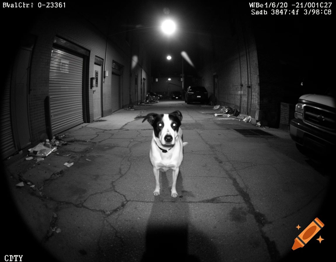 Black and white CCTV footage of a dog standing in a dark alleyway at night.