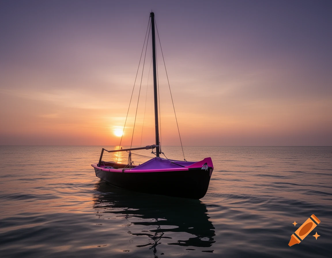 A black, pink, and purple sailboat floating on the calm sea during a sunset with a pinkish-purple sky.