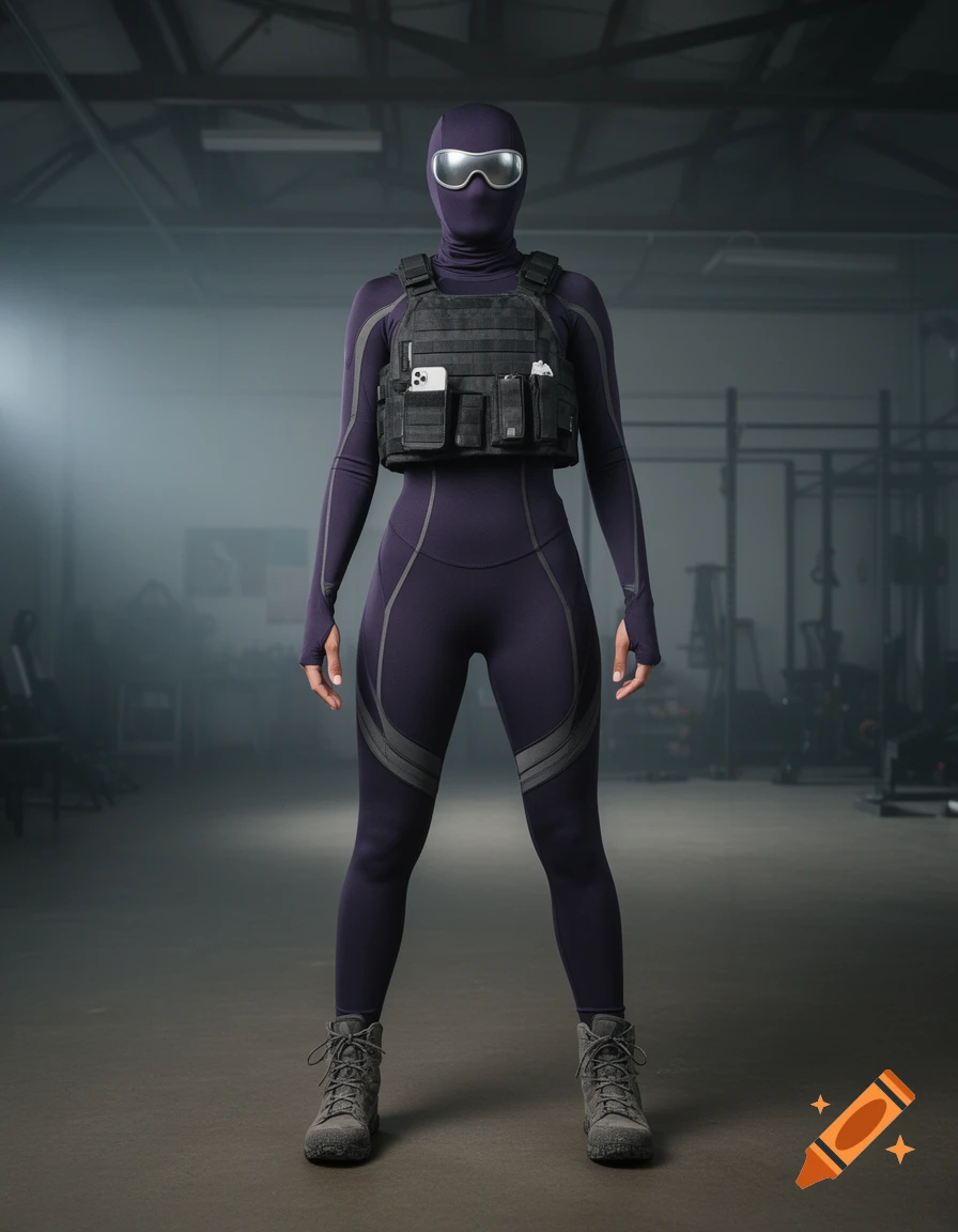 Photorealistic full-body shot of a character in a dark purple tactical bodysuit, mask, and vest standing in an industrial warehouse.