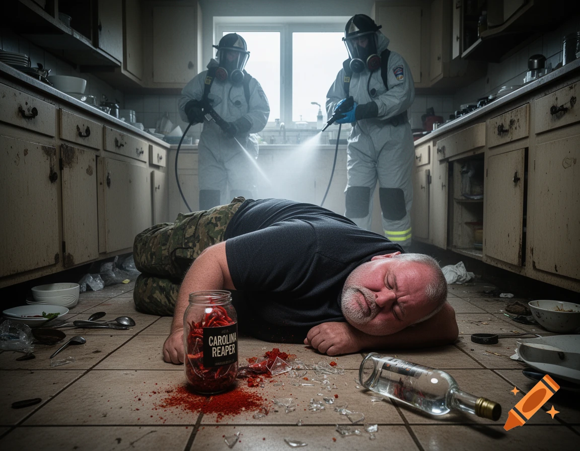 Photorealistic image of a man lying unconscious on a kitchen floor next to a spilled jar of Carolina Reaper chili peppers and a vodka bottle, with hazmat personnel in the background.