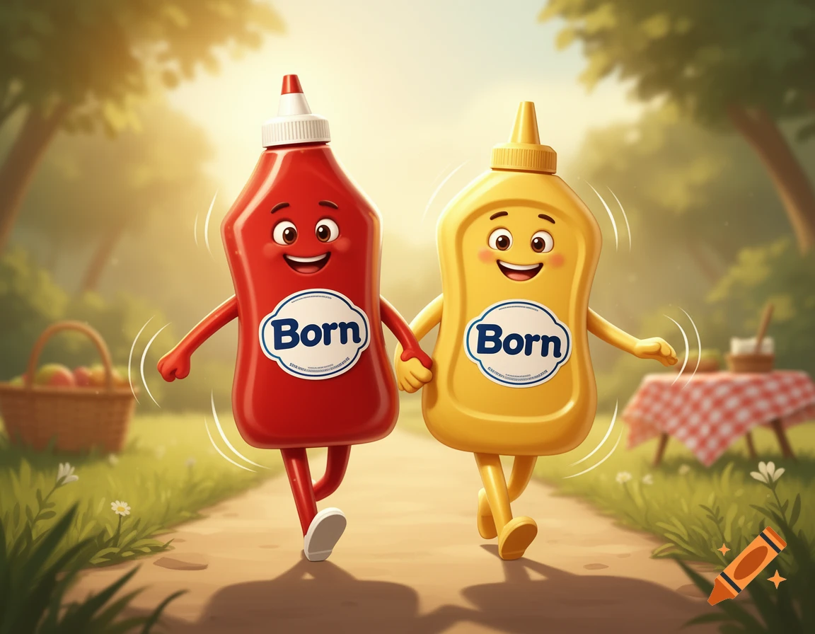 AI-generated illustration of a cartoon ketchup bottle and mustard bottle holding hands and walking down a sunny park path.