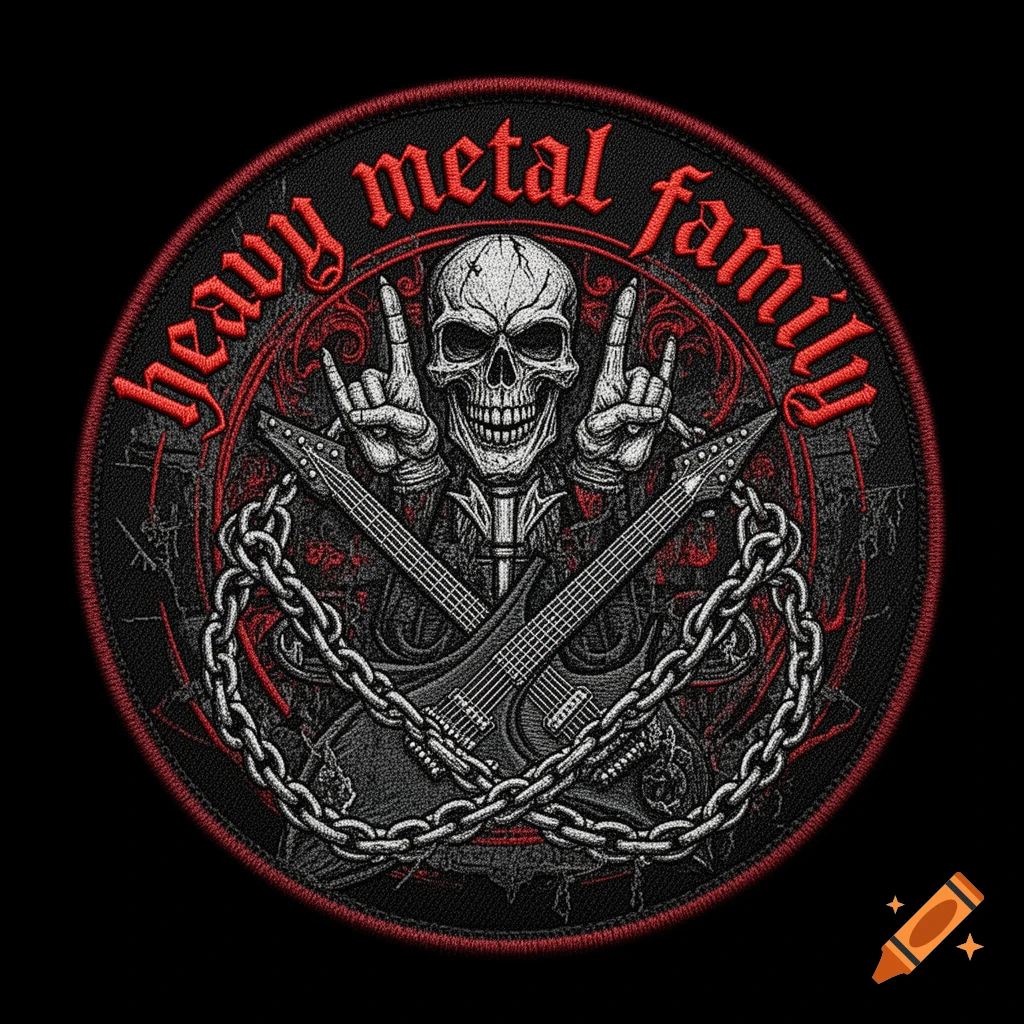 Round heavy metal embroidered patch featuring a central skull making the horns sign, crossed guitars, chains, and red text reading heavy metal family.