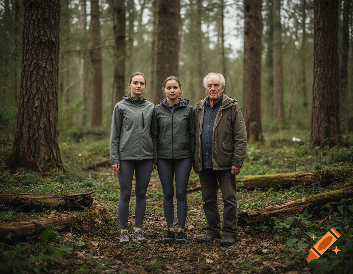 Photorealistic image of two young women in leggings and an older man standing together in a forest.